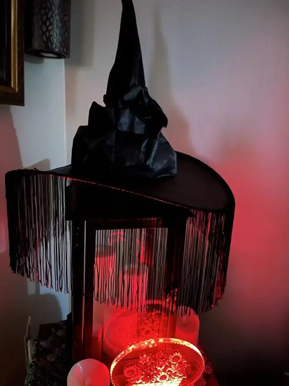 Black Witch Hat with Fringe & Bat Dangle  Halloween Costume Accessory